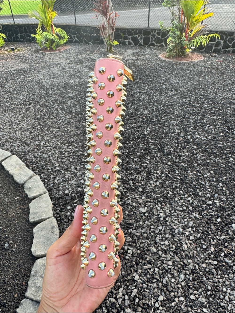Christian Louboutin Pink Spiked Zip Around Wallet Gold Studs Leather - Picture 8 of 14